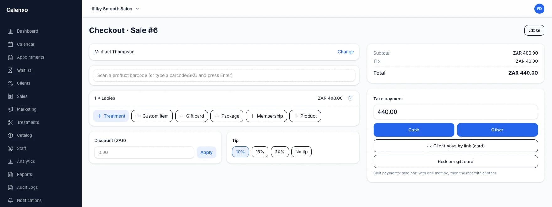 Calenxo checkout screen with services, tips, and payment options